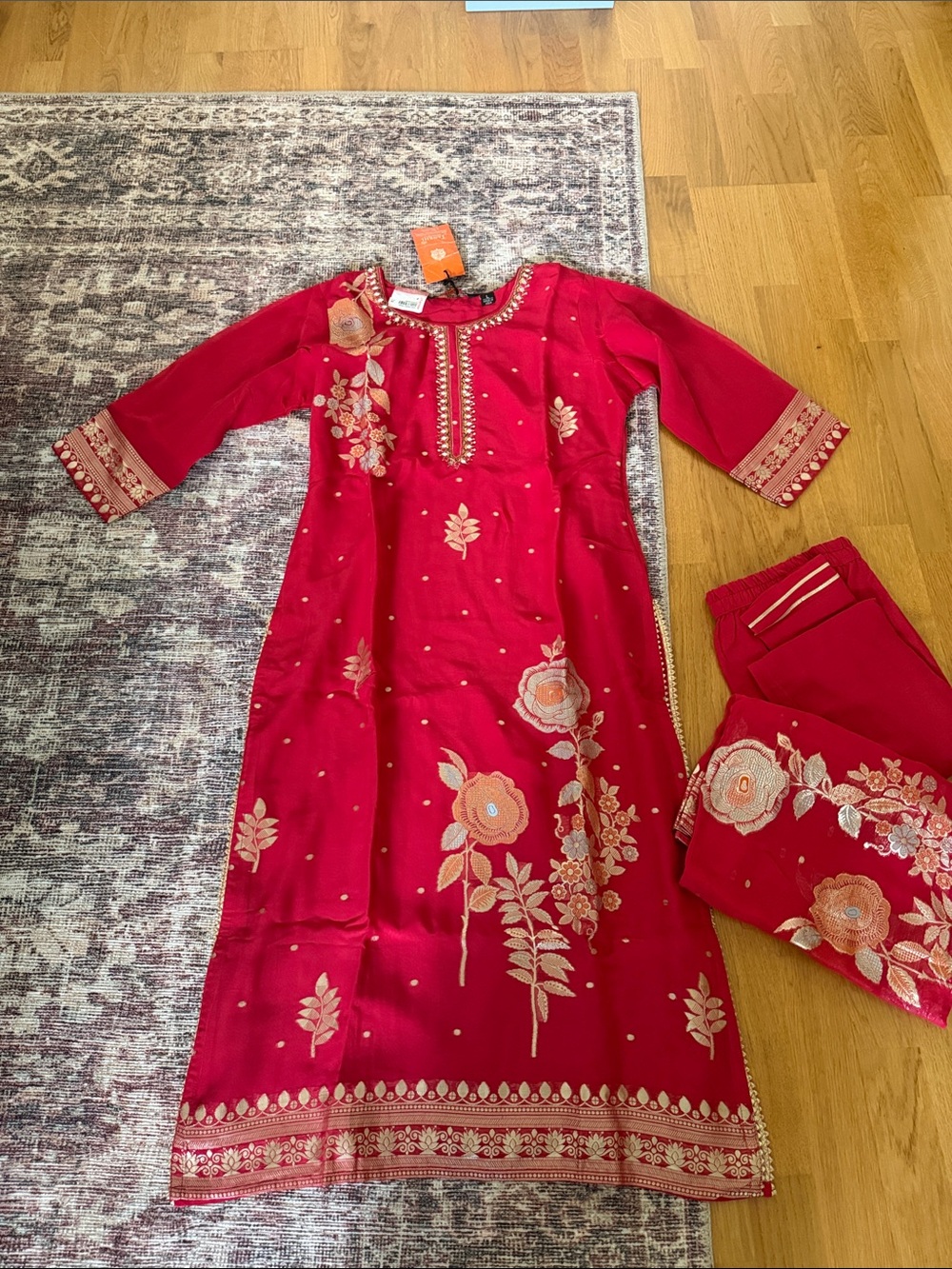 Red Floral Embroidered Kurta Set